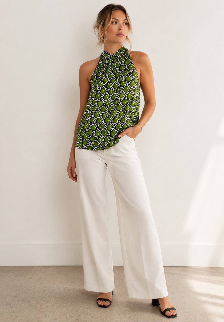 Joseph Ribkoff Green & White Retro Print Sleeveless Blouse Womens 4 Halter Top